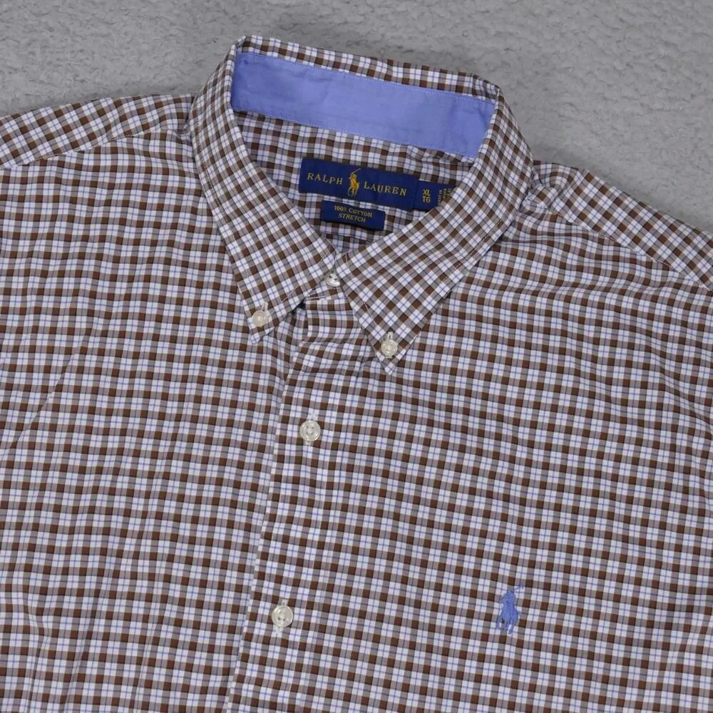 Polo ralph Lauren Shirt Mens XL Brown Blue Plaid Button Down Long Sleeve